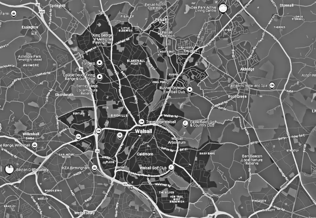 a map of walsall in black and white