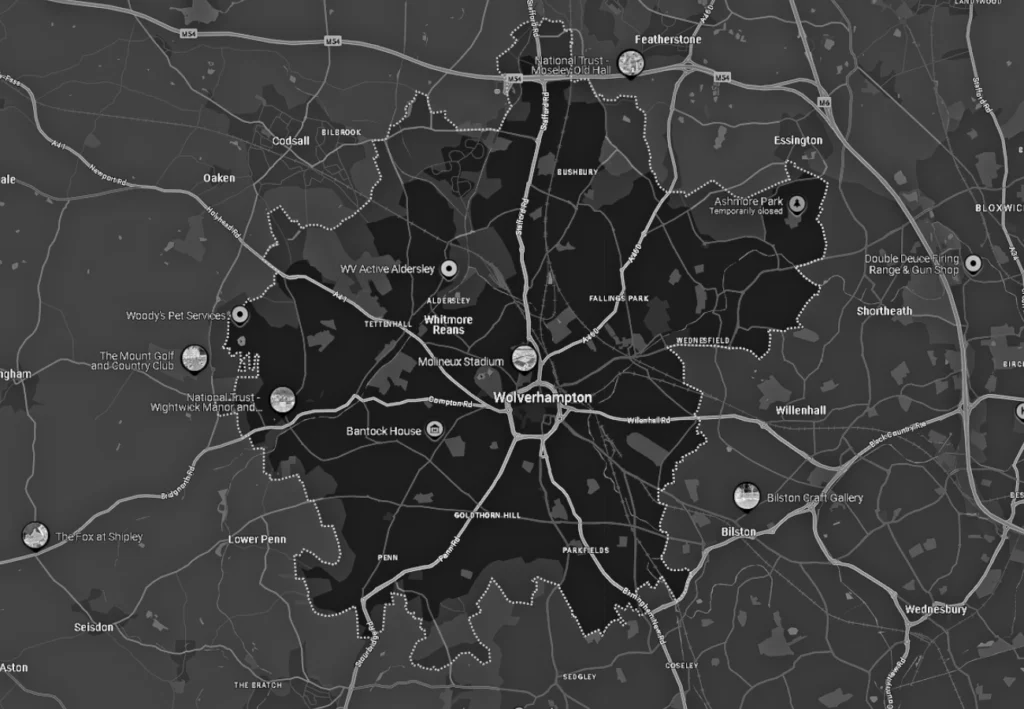 black and white map of wolverhampton