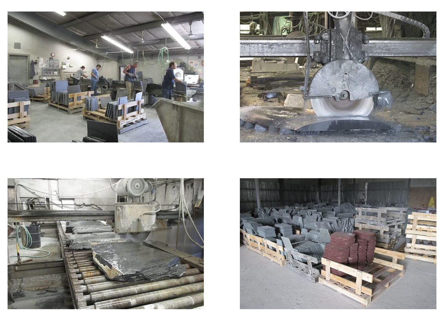 Natural slate being cut and stacked in a slate processing workshop